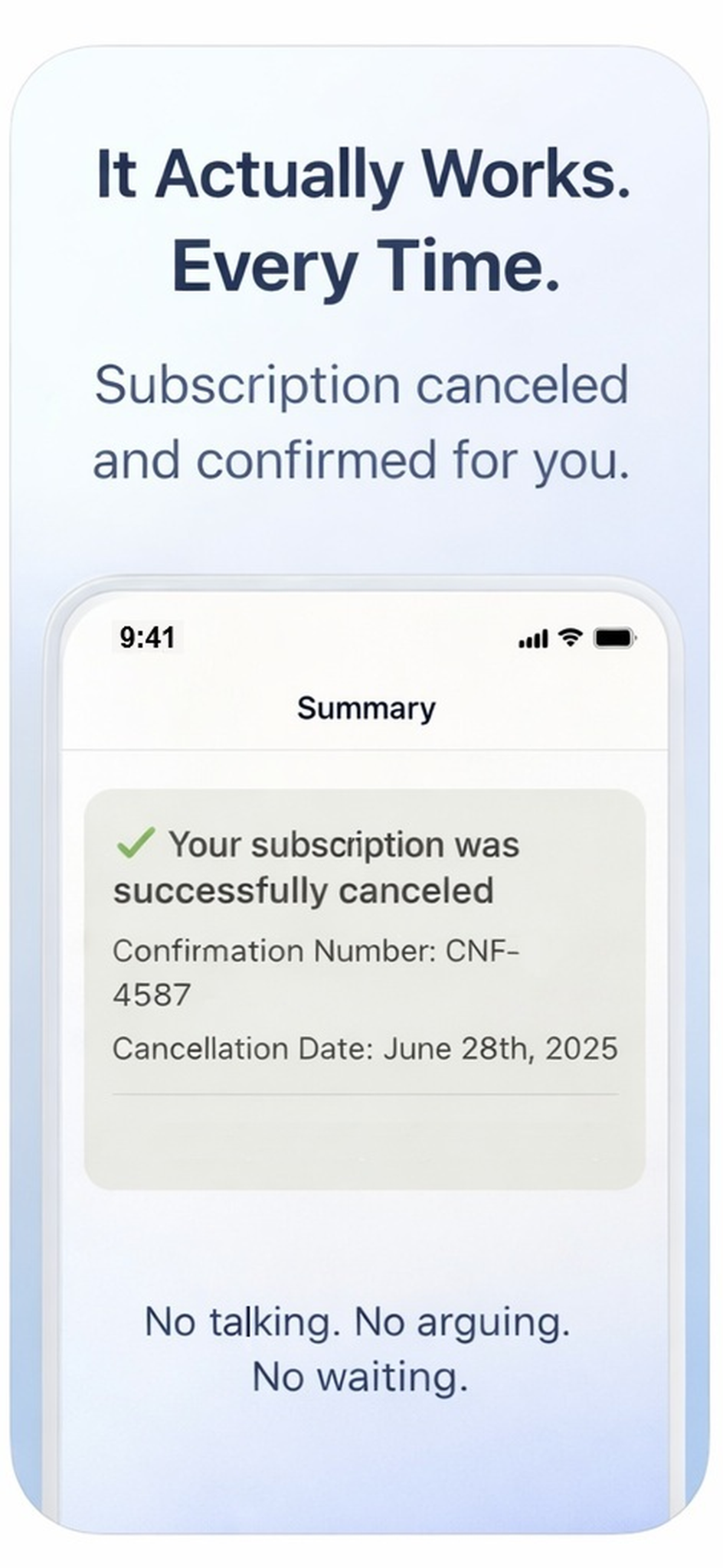 Confirmation screen showing a subscription successfully cancelled with confirmation number and date