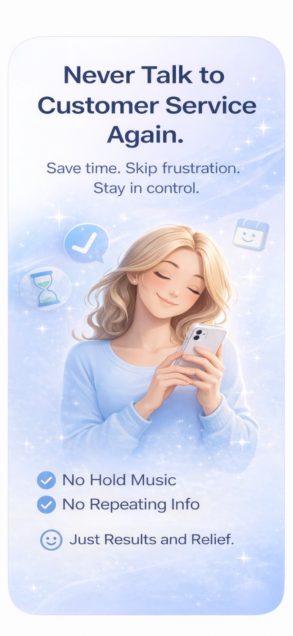Illustrated woman using a smartphone while highlighting the benefits of the AI call assistant, including no hold music and no repeating information